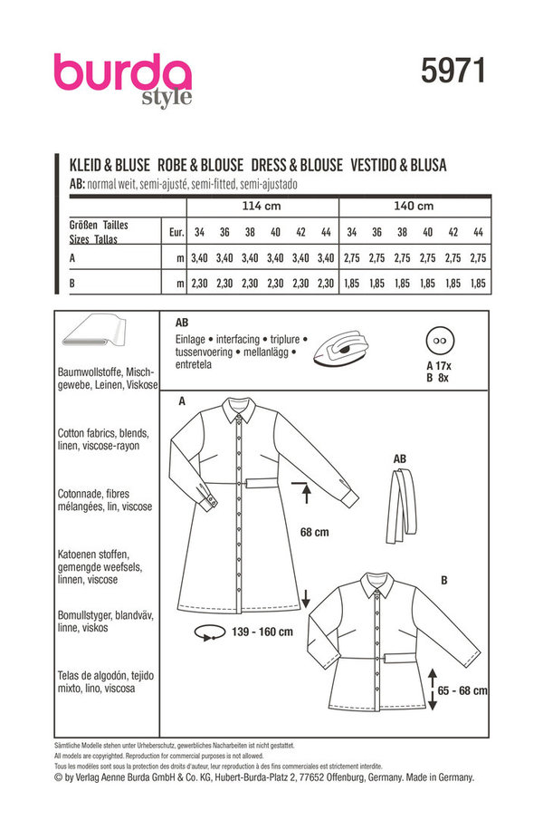 BURDA Schnittmuster Hemdbluse und Kleid mit Gürtel #5971