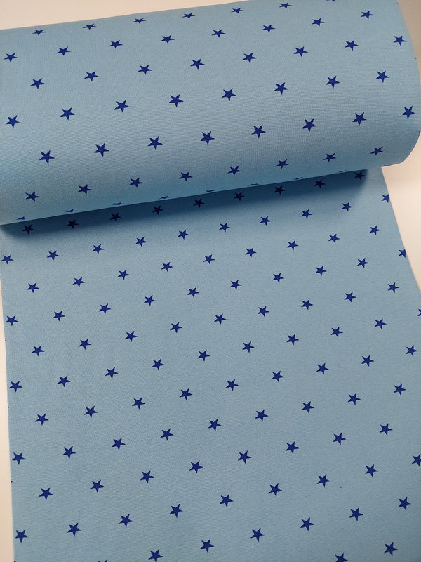 Jersey-Bündchen glatt blaue Sterne auf hellblauem Hintergrund