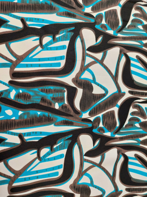 Baumwoll-Stretch mit graphischem Muster in Blau/Braun/Schwarz auf weißem Hintergrund